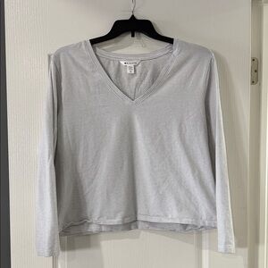 Athleta White with Gray Striped V-Neck Long Sleeve Top XL